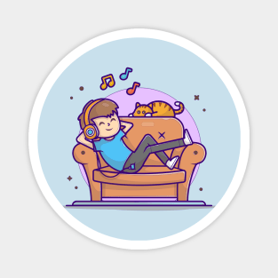 Happy Boy Listening Music On Sofa with Cute Cat, Tune, and Notes of Music Cartoon Vector Icon Illustration Magnet